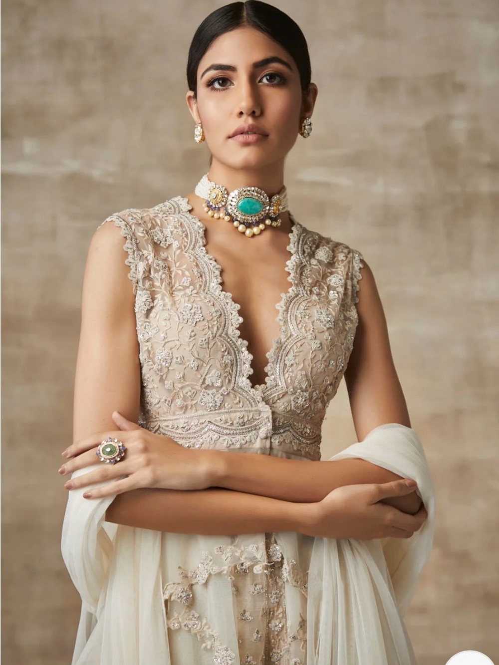 Gold/Cream Ridhi Mehra Lehenga with Deep V Bodice - Picture 2 of 16